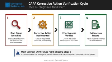 Corrective action process flow showing root cause identification through verified effectiveness