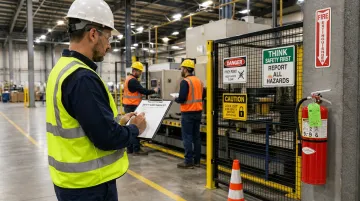 Manufacturing facility safety audit team conducting ISO 45001 floor assessment walkthrough