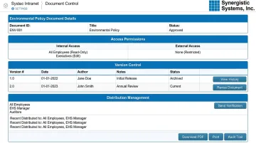 Cloud-based QMS document control interface showing environmental policy access permissions