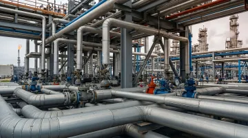 Industrial refinery facility with complex piping systems and safety hazards