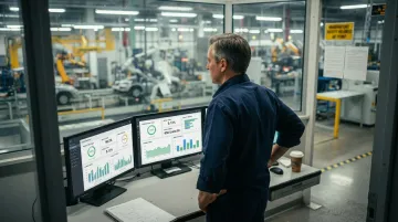 Manufacturing quality control team reviewing defect metrics on production floor dashboard