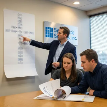 ISO 9001 consultant discussing a quality management system with a team in a San Jose office.