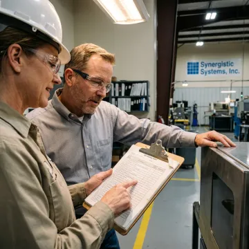 A consultant and a client reviewing an ISO 9001 process document.