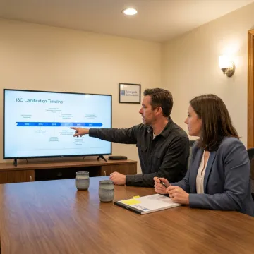 A consultant and a client collaborating over a project plan in an office.