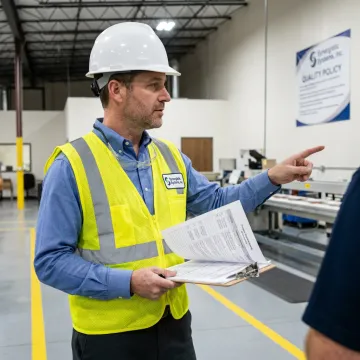 A safety manager in a hard hat reviewing a safety checklist on a tablet in a modern manufacturing facility.
