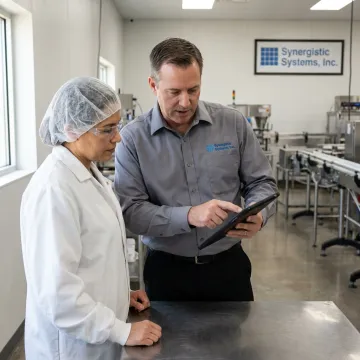 A food safety consultant reviewing documentation with a client in a modern food processing facility in Atlanta.