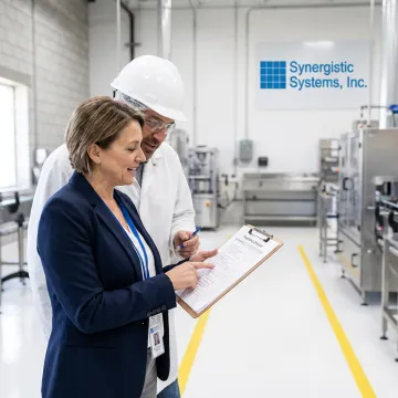 A food safety consultant reviewing documents with a factory manager in a food processing facility.