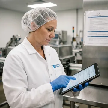 A food safety inspector reviewing documentation in a modern food processing facility.