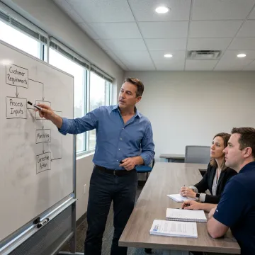 A consultant explaining an environmental management system flowchart to a manufacturing team.