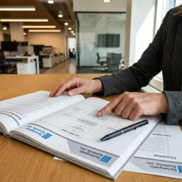 A business professional reviewing an ISO 9001:2015 quality management system document.
