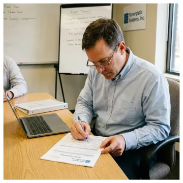 Scientist in a modern laboratory calibrating high-tech measurement equipment for ISO 17025 certification.