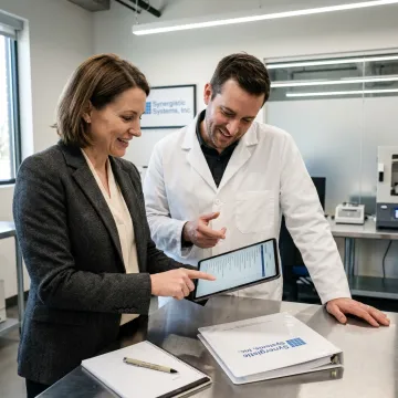 A consultant and a lab manager reviewing an ISO 17025 audit checklist together in a lab.