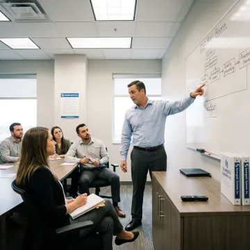 A professional conducting an ISO 9001 lead auditor training session in a modern classroom.