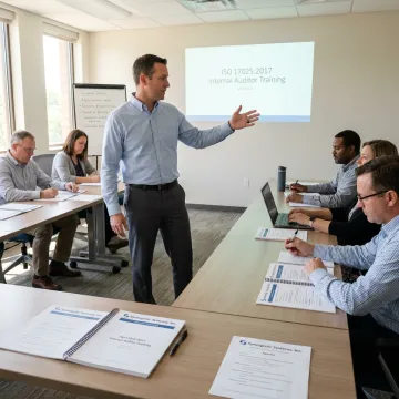 A team of laboratory technicians engaged in an ISO 17025 internal auditor training session.