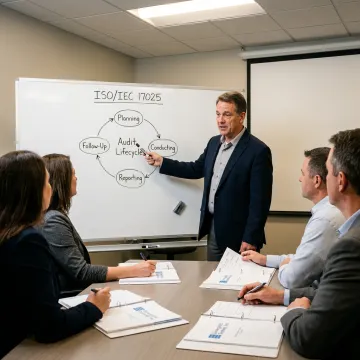 A trainer explaining the ISO 17025 audit process on a whiteboard to a group of students.