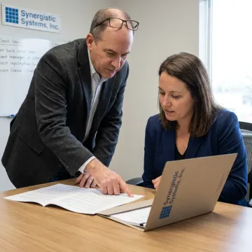 Auditor and manager discussing an audit plan in a modern office.
