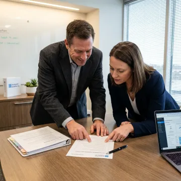 Auditor reviewing safety documents for ISO 45001 compliance.