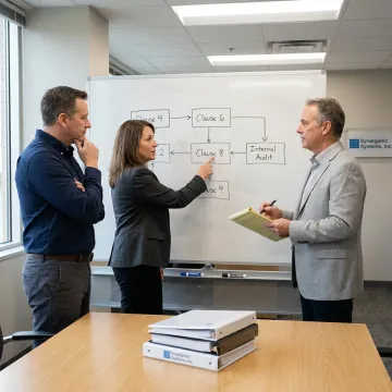 A team of professionals collaborating on a flowchart for ISO certification.