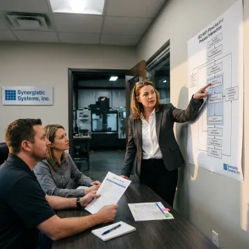 A team of professionals in Dallas discussing ISO 9001 certification plans.