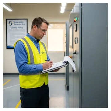 A professional conducting an ISO 14001 environmental audit in an industrial facility.