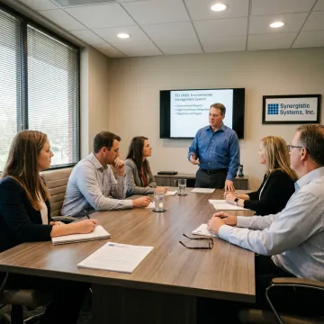 A group of professionals in a training session for ISO 14001 certification.