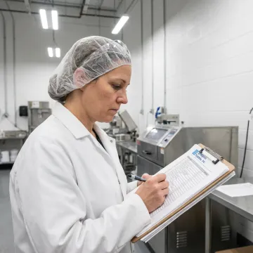 An ISO 22000 Lead Auditor reviewing food safety documents in a modern facility.