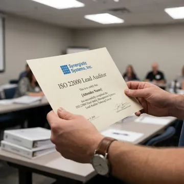 A professional proudly holding their ISO 22000 Lead Auditor certificate after completing the course.