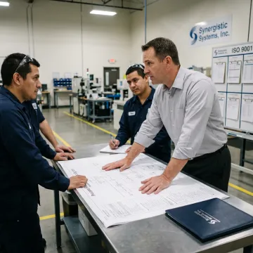 A consultant reviewing quality management documents with a manufacturing team in a modern factory setting.