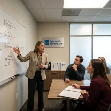 A team of professionals collaborating on an ISO 45001 project plan in an office.