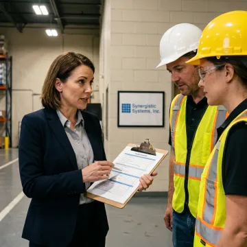 Consultant reviewing safety protocols with industrial workers in Jacksonville.