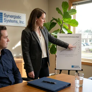 A professional consultant reviewing environmental compliance documents in a modern Dallas office setting.