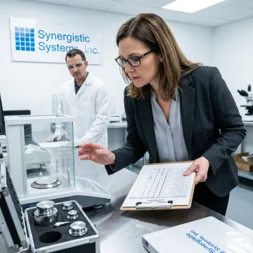 A certified auditor reviewing laboratory equipment for ISO 17025 compliance.