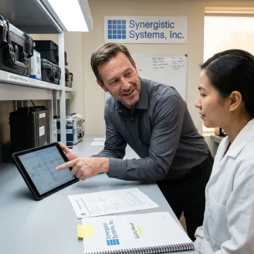 An ISO consultant collaborating with a lab technician on a quality management plan.