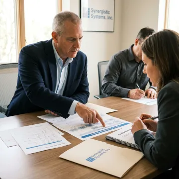 A team of professionals in a modern office reviewing ISO 9001 certification documents.