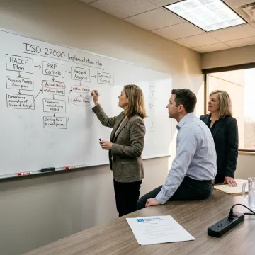 Consultant and client collaborating on a food safety management system flowchart.