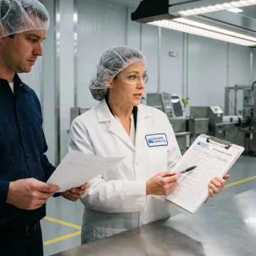 Food safety expert reviewing documentation in a clean food processing facility.