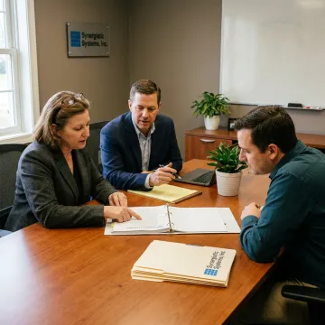 A team of professional consultants conducting an internal audit meeting in a modern office.
