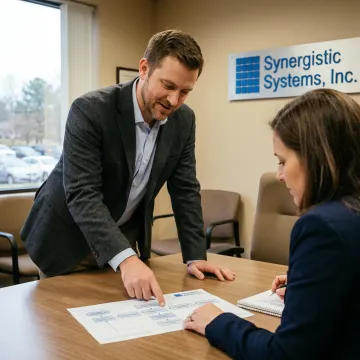 A certified quality consultant reviewing ISO 9001 standards with a client.