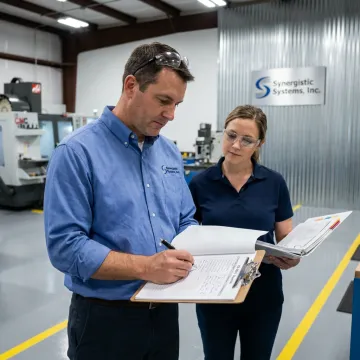 A safety manager in a hard hat reviewing a safety checklist on a tablet in a modern factory setting.