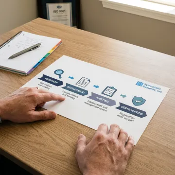 A flowchart illustrating the four key stages of the ISO 45001 certification process.