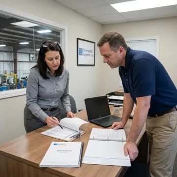 A certified auditor reviewing QMS documentation with a manager in a modern office setting.