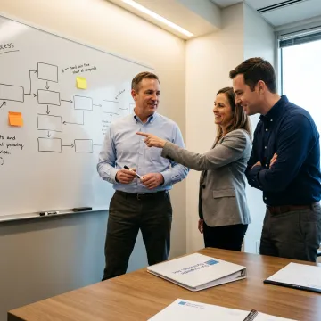 A team of professionals collaborating on a QMS process flowchart during an audit.