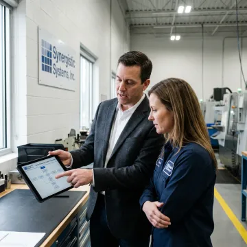 An ISO 9001 consultant reviewing quality management documents with a client in a modern industrial facility in Houston.