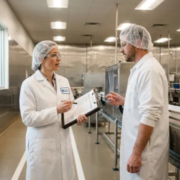 Food safety consultant reviewing a production line in a clean food processing facility.