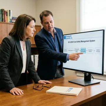 Consultant and client collaborating on a food safety management system flowchart.