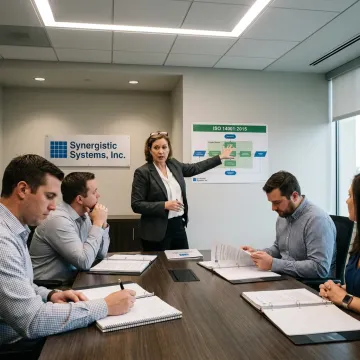A professional conducting ISO 14001 environmental management training in a corporate setting.