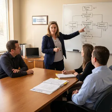 An instructor pointing to an environmental compliance chart during an ISO 14001 training session.