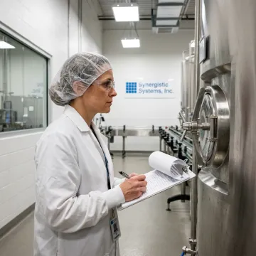 A food safety inspector reviewing documents in a modern food processing facility.