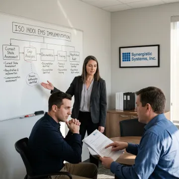 A team of professionals collaborating on a project plan for ISO certification.