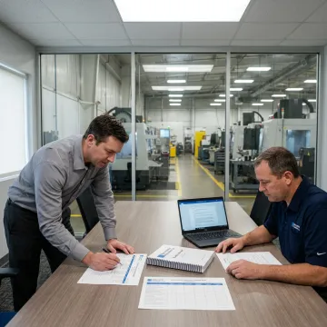 A manager reviewing an environmental compliance checklist in a modern industrial facility.